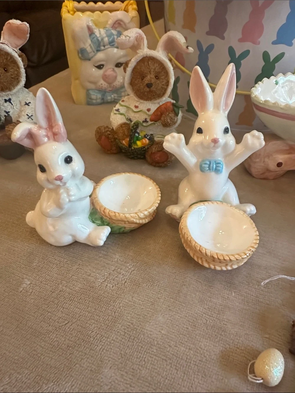 Easter Bunny Ceramic Egg Holders and Decorative Bucket - White